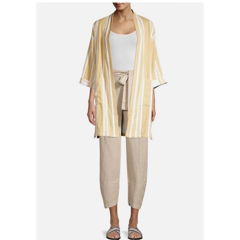 Eileen Fisher Organic Cotton Striped Kimono Jacket Yellow L/XL Artsy Boho Beachy
